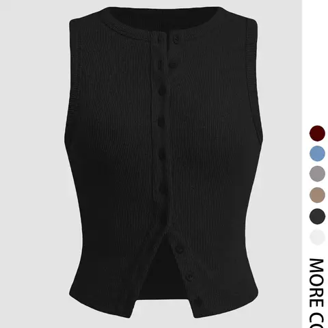 【Black Friday】Women's Plain Button-Front Ribbed Crop Tank Top, Casual Chic Sleeveless Round-Neck Top for Daily Wear, Ladies Clothes for All Seasons #GLOBAL PICKS