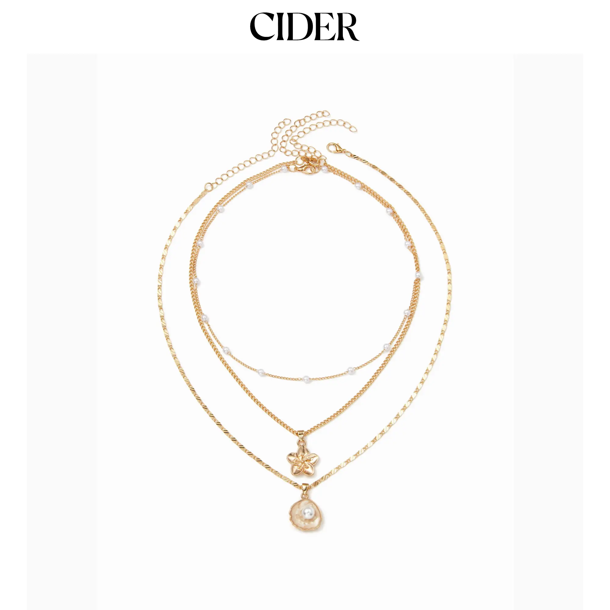 Cider FLORAL & SHELL & FAUX PEARL LAYERED NECKLACE