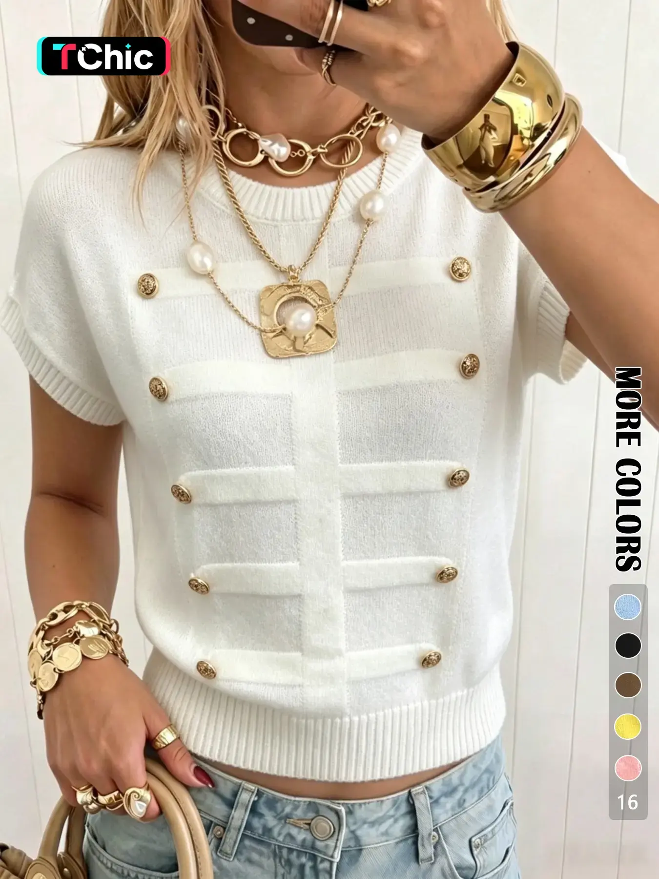 Elegant Loose-Fitting Plain Round Neck Metal Button Short Sleeve Pullover for Daily and Everyday Wear
