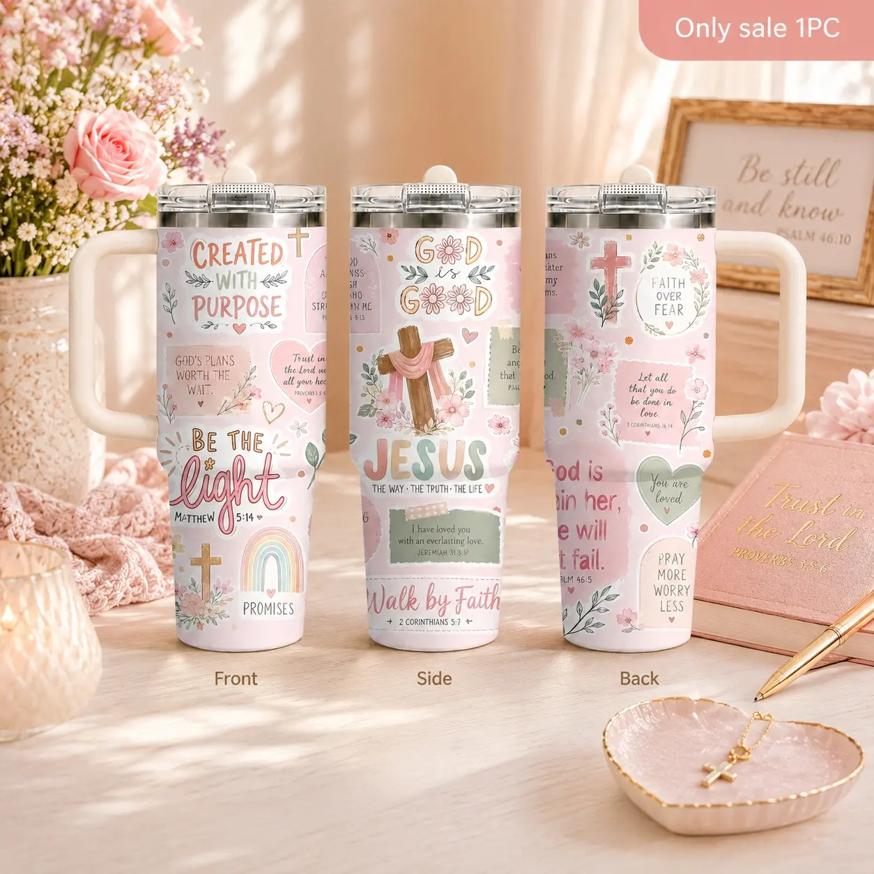 Christian inspirational prayer quotes Vacuum Flasks 40oz 3rd Gen Vacuum Insulated Tumbler with Handle & Straw Lid, Leak-Proof Stainless Steel Travel Mug for Water, Coffee, Gym, Office, Car Cup Holder