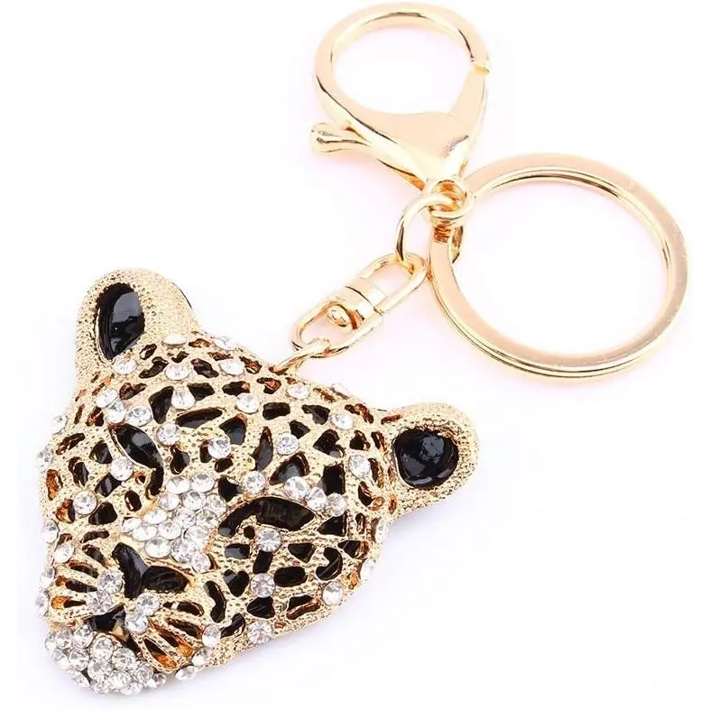 Leopard Bag Pendant, 2*1.97 in Leopard Charm, Gold Rhinestone Keychain Cute Cheetah Head Purse Key Ring Chain Sparkling Crystal Charming Decoration Adornment for Wallet Handbags Lady Girlfriend