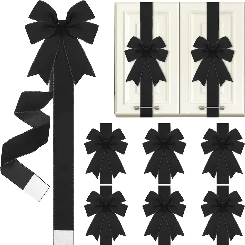 6pcs Velvet Christmas Bow Ribbon, 78.7 Inch Large Door Ribbon, Kitchen Cabinet Decor, Holiday Gift, Home Wall Furniture Party Decoration