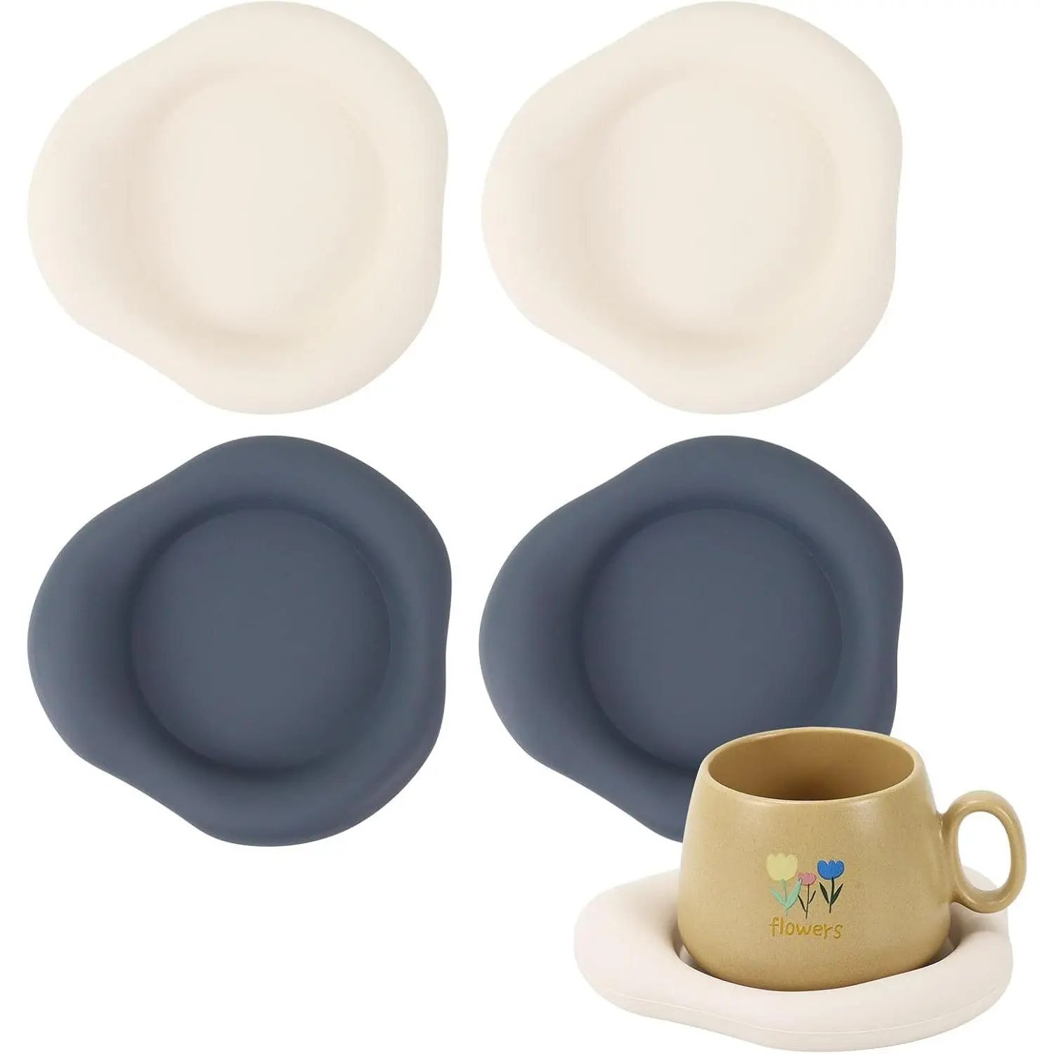 Silicone Coasters Set of 4, 5.9 Inch Cloud Shaped Drink Mats, White and Navy Blue, Non-Slip Heat Resistant for Home Office Coffee Table