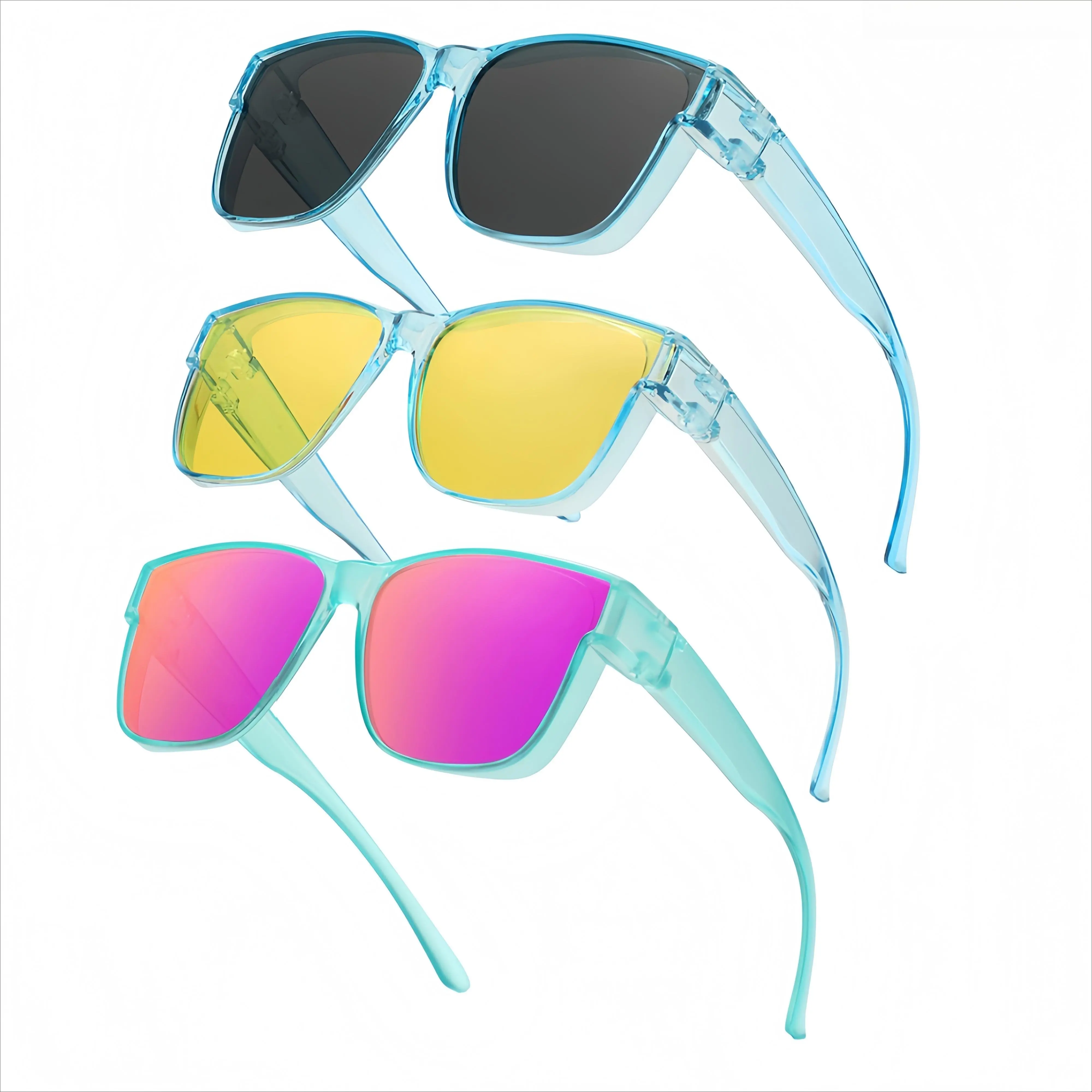 3 Pack Flip Up Fit Over Sunglasses for Prescription Glasses, Transparent Frame with Mirrored & Night Vision Lenses, UV400 Protection, 3Pcs, Daily Outdoor Activities, Natural Material, Driving, Female, Oversize, Sunglasses For Women, Accessories For Women