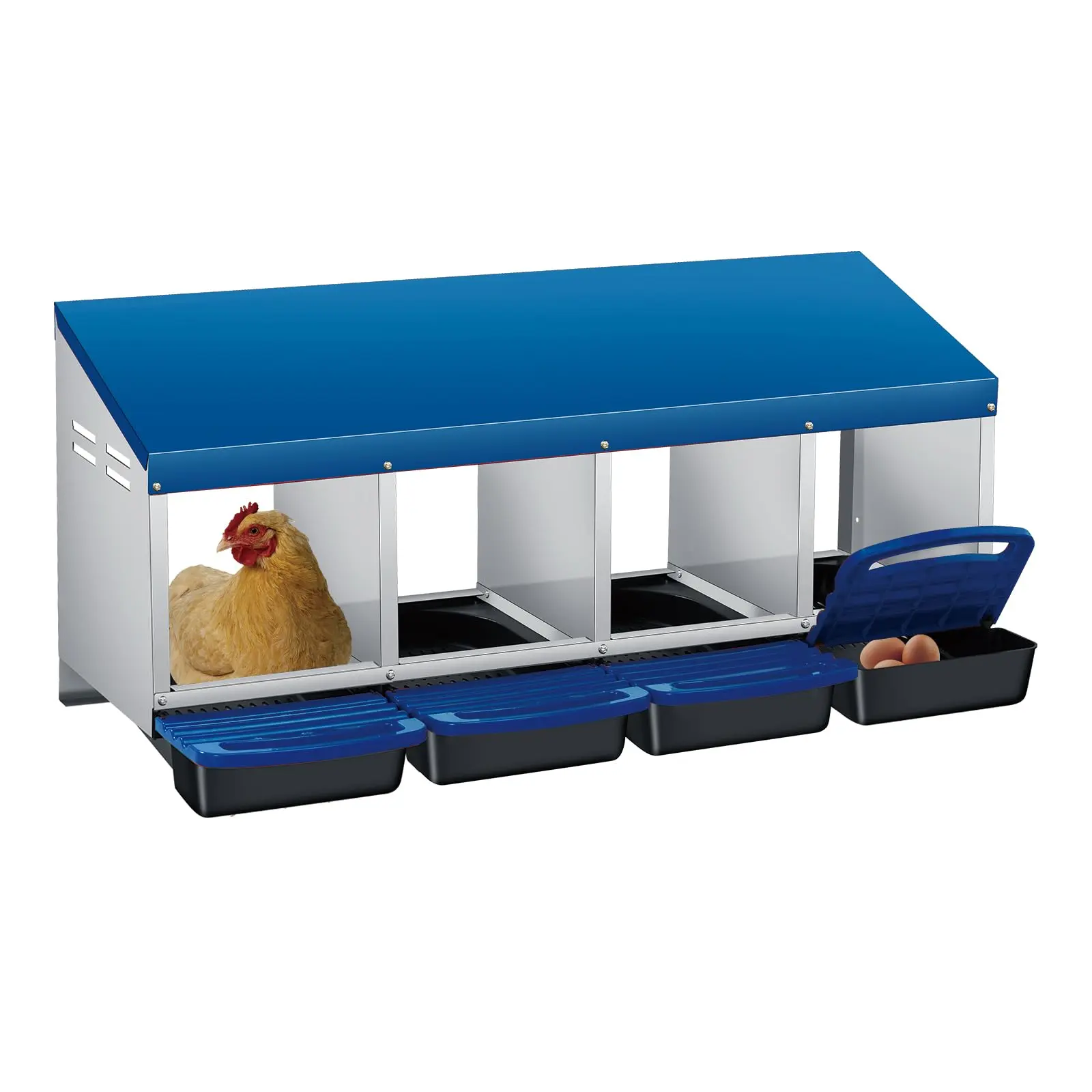 4-Compartment Galvanized Steel Metal Chicken Nesting Box with Roll Away Egg Tray, Rustproof, Removable Plastic Tray, Easy Cleaning, Wall Mountable & Freestanding Farm Poultry Supplies for Hens, Multiple Hens Egg Production