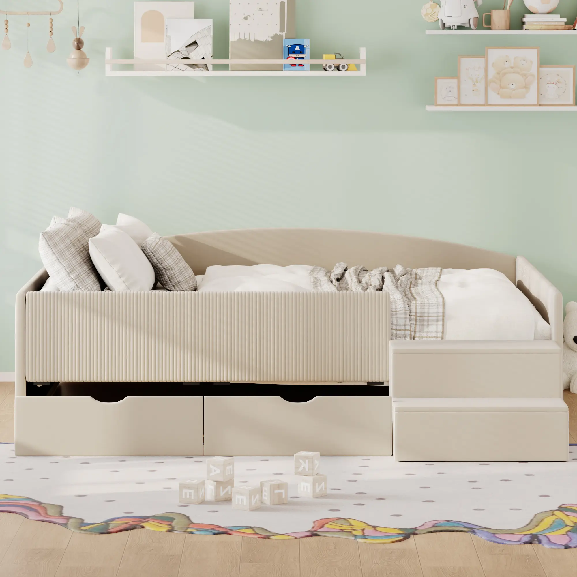 ARCH Full Size Upholstered Daybed Frame with 2 Storage Drawers, Velvet Beige, Heavy Duty Wood Slat Support, No Box Spring Needed, Modern Platform Bed for Kids Bedroom, 79.1"L x 56.7"W x 26.6"H, Full Size Options, Beige Color Options