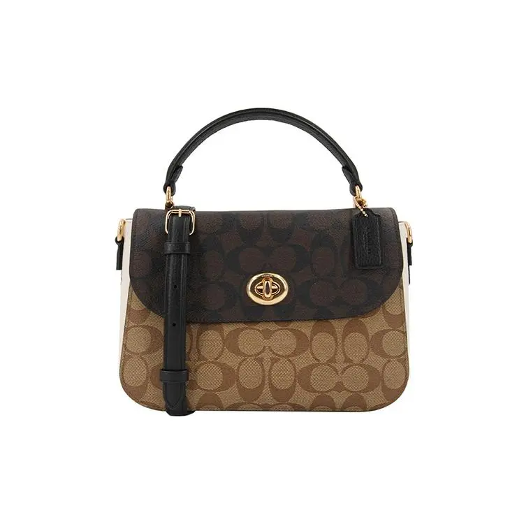 COACH Marlie 24 Color-Block Toggle-Flap Monogram Canvas and Leather Small Square Satchel Bag for Women in Black and Dark Brown