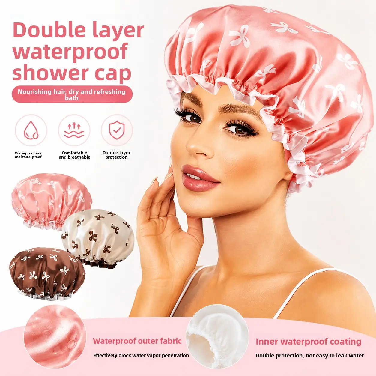 Double Layer Waterproof Bow Print Shower Cap Multiple Colors Available Reusable Satin Bath Cap With Elastic Ruffle Edge For Women Keep Hair Dry Ideal For Shower Spa Facial Care Portable Travel Hair Protection Accessory