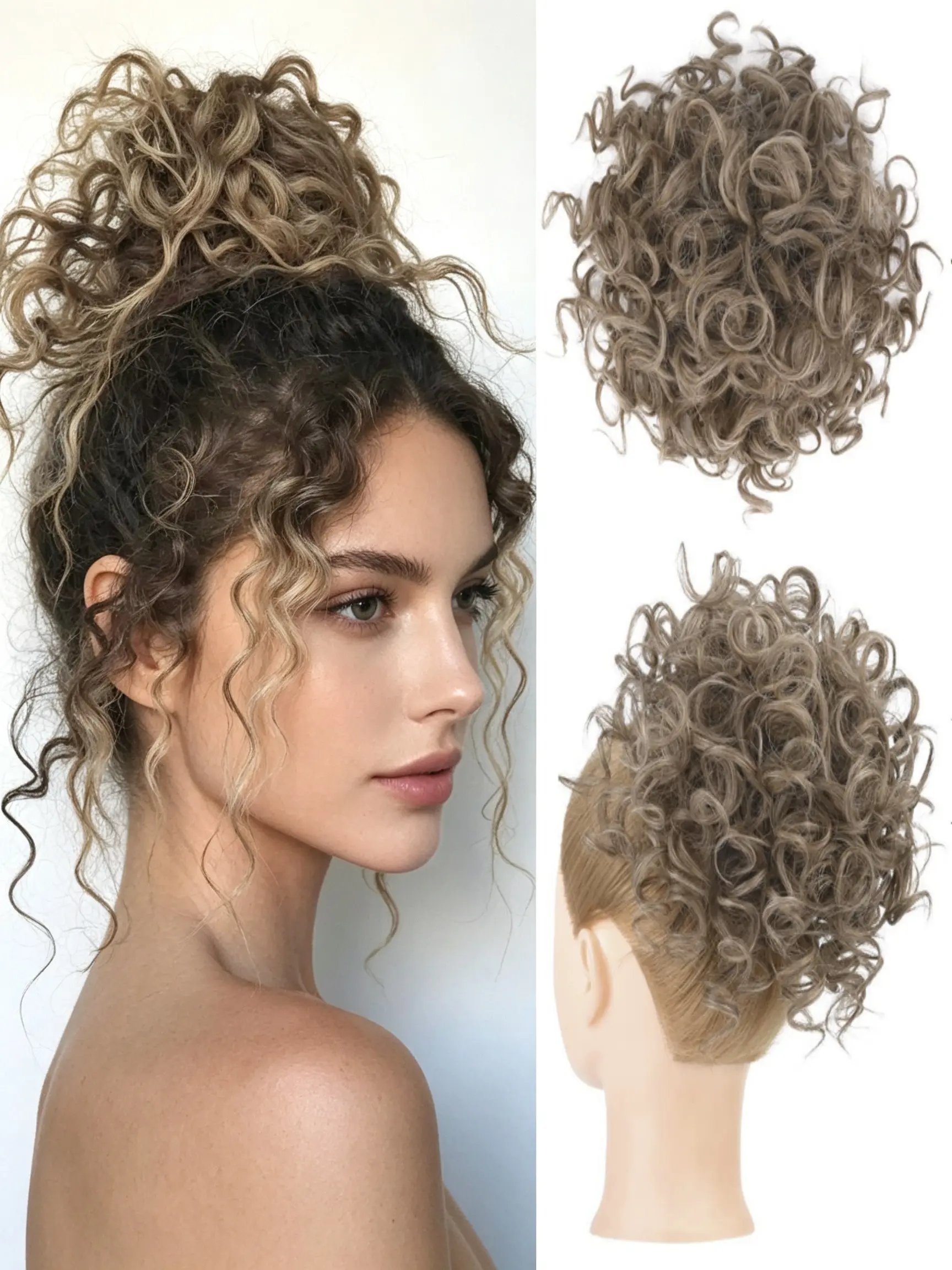 🧸Game-changing ash brown blonde mixed tone tight curl drawstring messy bun hair piece! Fluffy lightweight bouncy curls, zero complicated styling, rounded full high bun matches all daily & vacation outfits perfectly