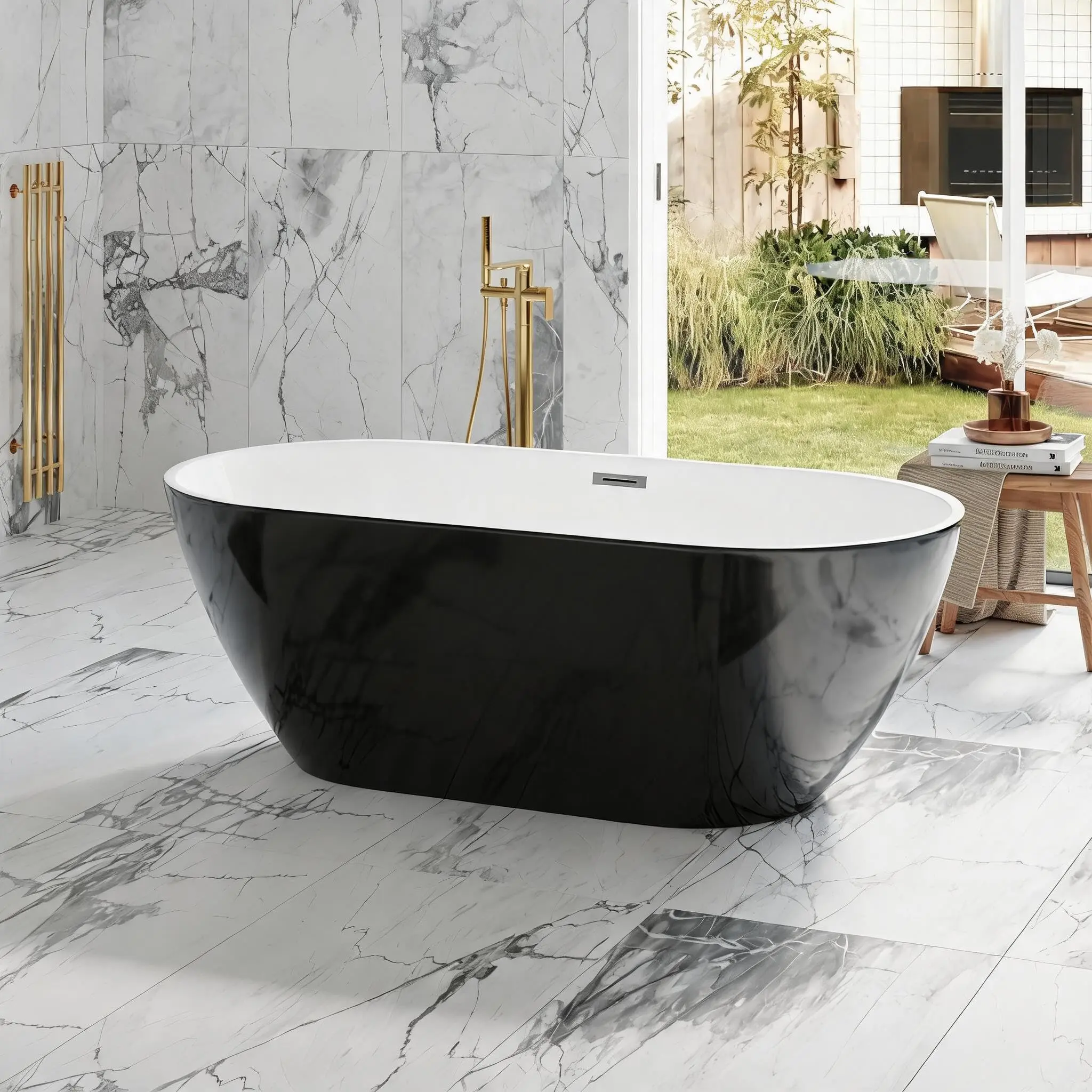 Garvee 59 in Acrylic Freestanding Bathtub, Modern Soaking Tub with Matte Drain and Black Overflow, Glossy White & Black, Deep Ergonomic Design, Double-Walled Insulation, CUPC Certified Bath Tub