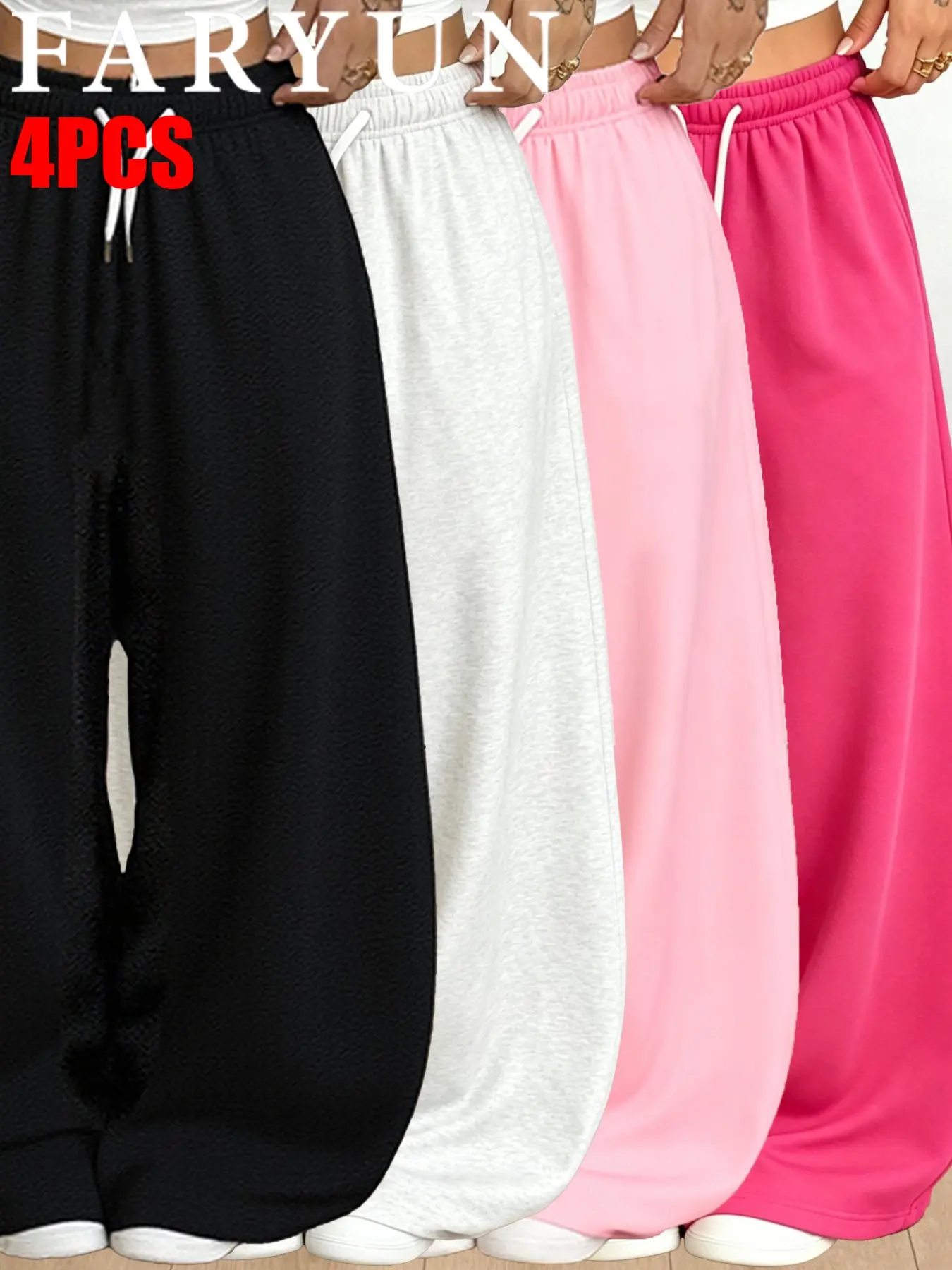 FARYUN High-Waisted Wide-Leg Pants, Elastic Waist, Adjustable Drawstring, Bubble Texture Fabric, Casual Loose Fit, All-Season Daily Wear