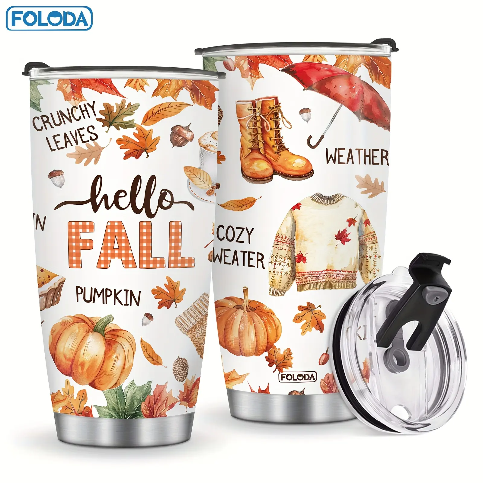 Foloda Stainless Steel Fall Thanksgiving Tumbler with Lid, Harvest Print Pumpkin-Maple Leaf Travel Mug for Hot-Cold Drinks, Holiday Gift for Women Friends