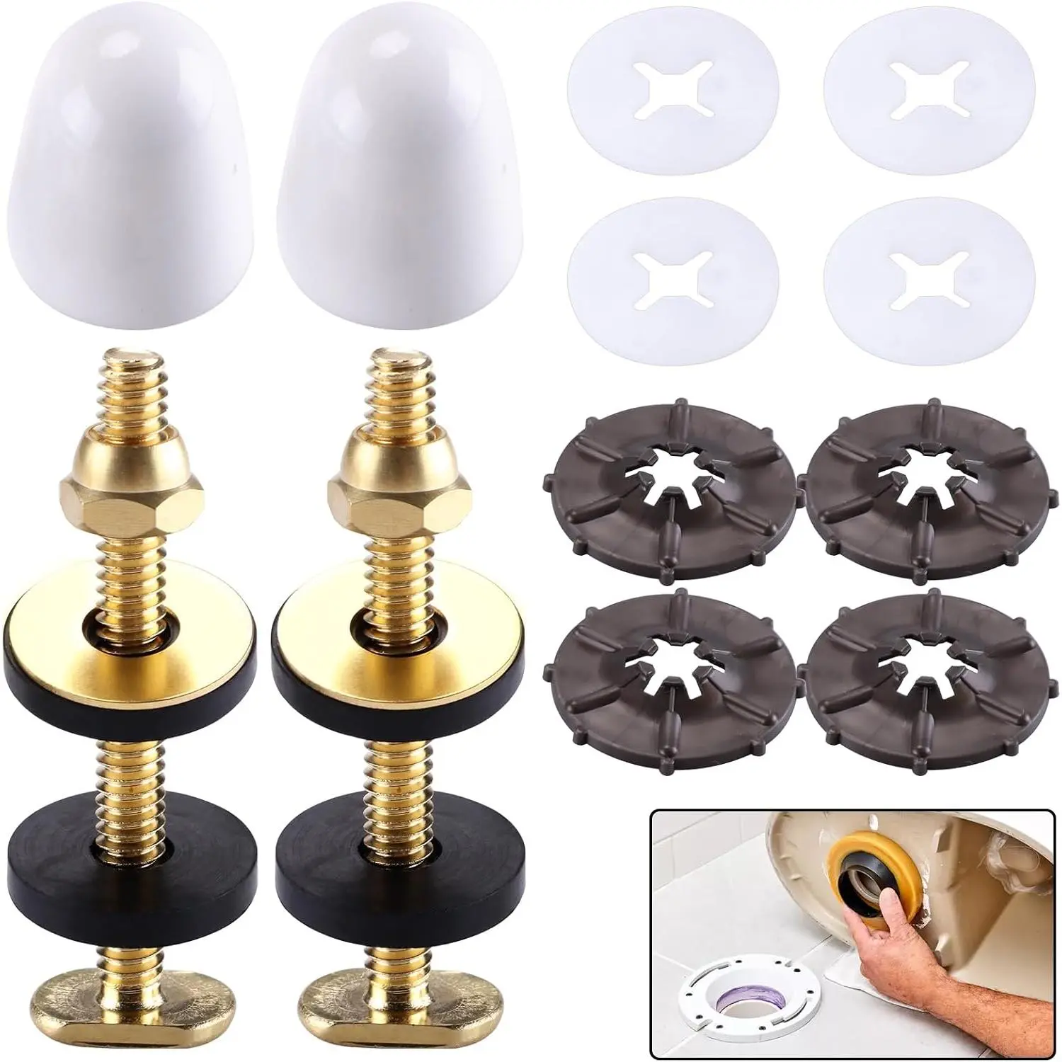 Toilet Flange  with Caps, Solid Wax Ring Install  Kit, 2 Pack | Brass-Plated Steel , Secures Toilet Bowl to Flange, For Bathroom  Part, Include ,Nuts,Washers and Caps