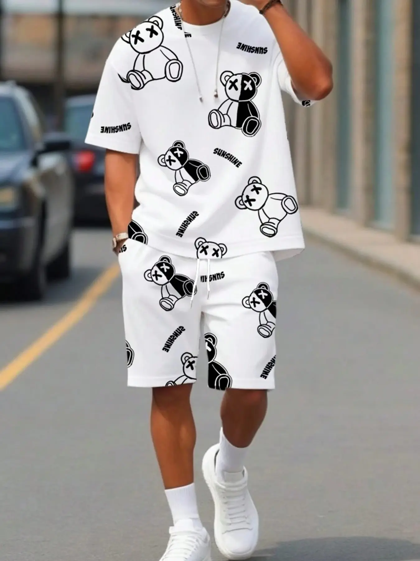 Trendy Bear Print Men's Short Sleeve Set, Summer Loose Fit Casual Two-Piece, Boys' Sports Wear, Comfortable and Stylish