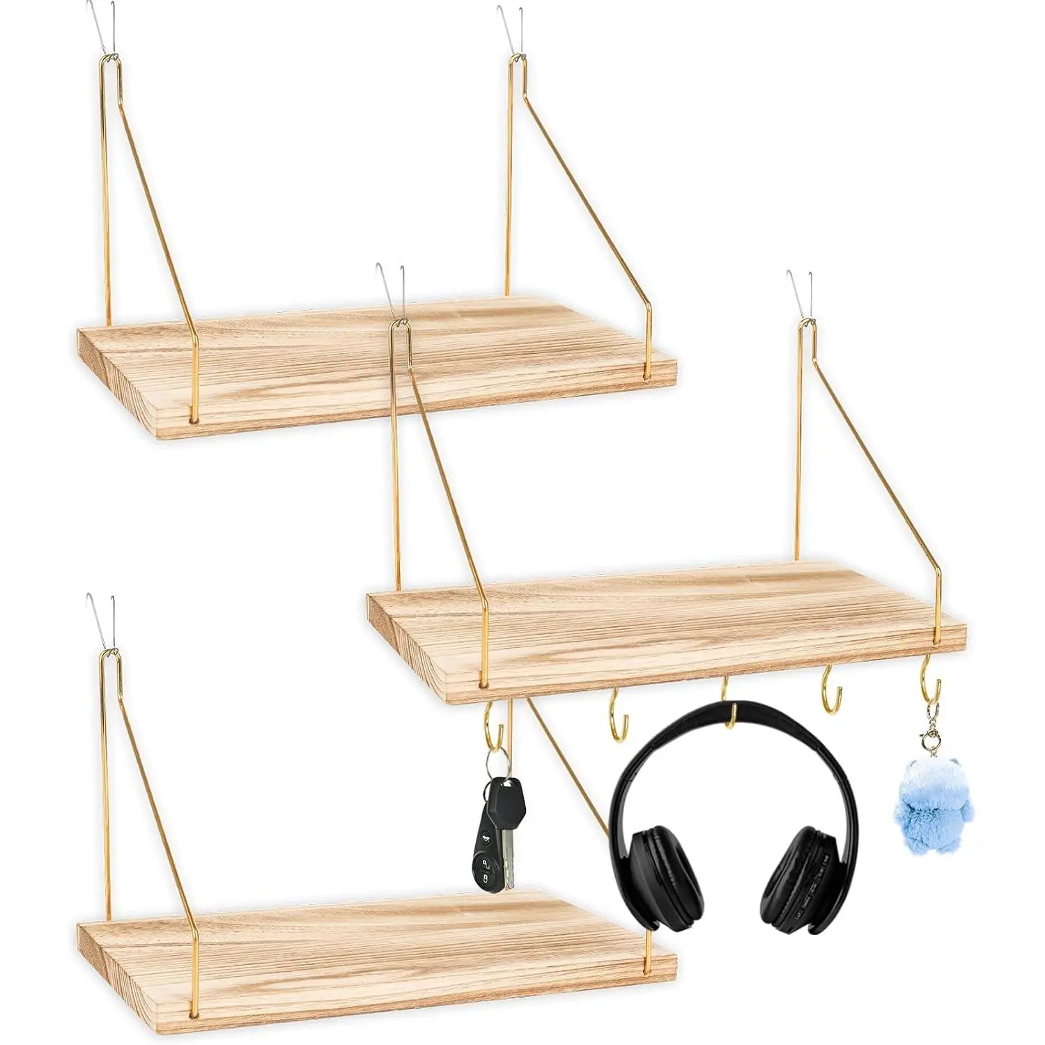 3-Pack Cubicle Shelf for Fabric Walls With Hooks, 12x6.0in Wooden Hanging Cubicle Shelf Organizer, Gold Shelves for Office Accessories, Stylish Cubicle Decor for Women Desk Work Storage