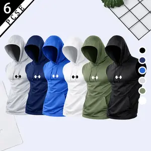 6PCS Multi color slim fit sleeveless hooded fitness tank top| High stretch lightweight breathable fabric + body hugging cut| Streetwear styling, outdoor morning runs, layered casual wear at home