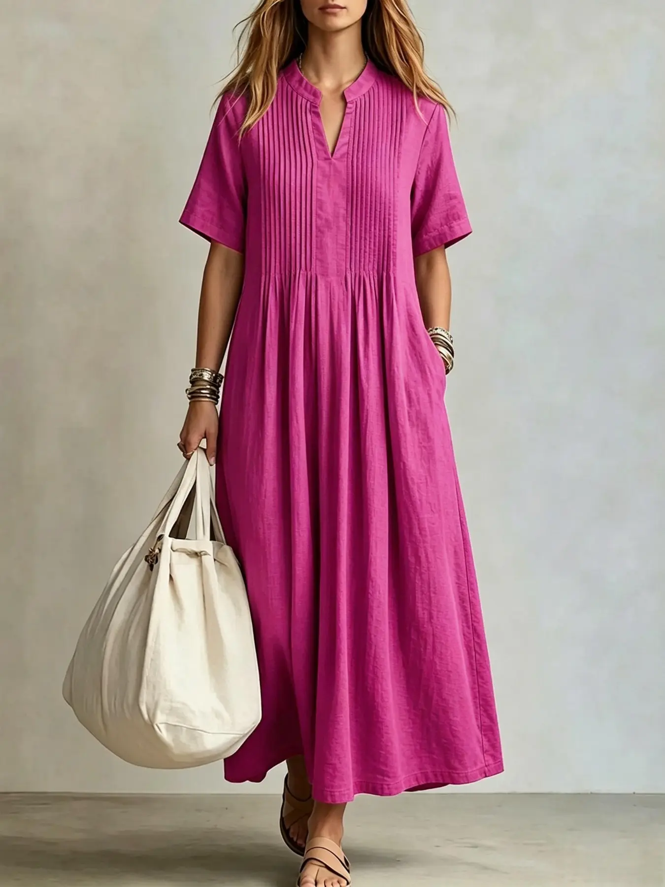 Women's 2026 Summer New Long Dress, Casual Loose V Neck Short Sleeve Pleated Dress, Vertical Pleat Maxi Dress, Flowy Dresses