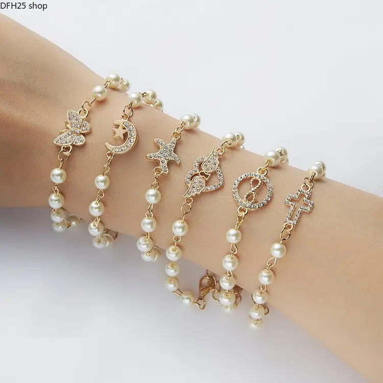 Adjustable Pearl Charm Bracelet for Women, Gold-Tone Chain with Crystal Cross, Infinity, Owl, Moon, Dolphin and Starfish Designs for Daily Wear