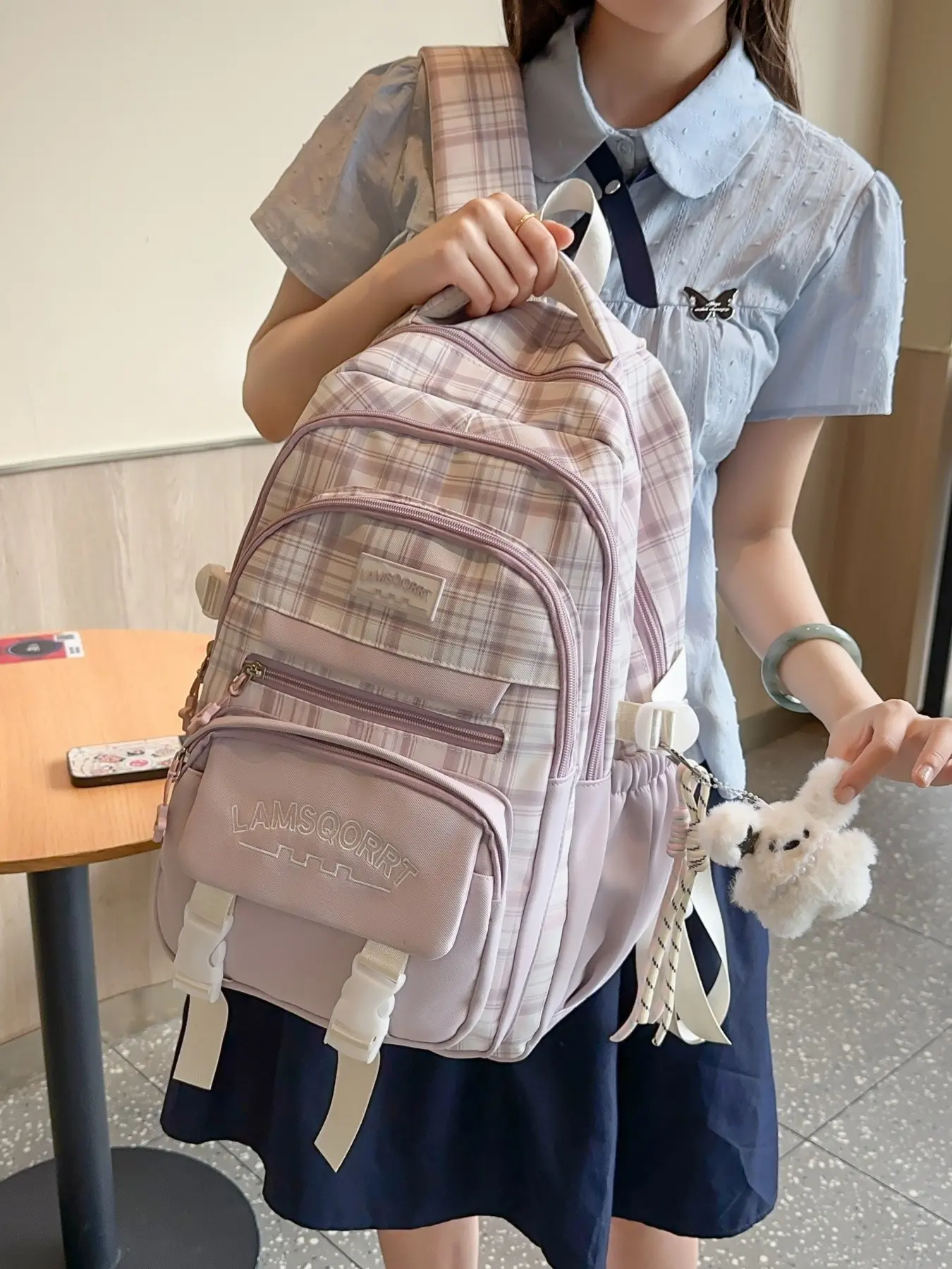 2026 New Korean Style Polka Dot Backpack, Waterproof Large Capacity Student Bag, Cute Bear Pendant, Multi-Layer Teenager School Bag, Water Resistant Backpack