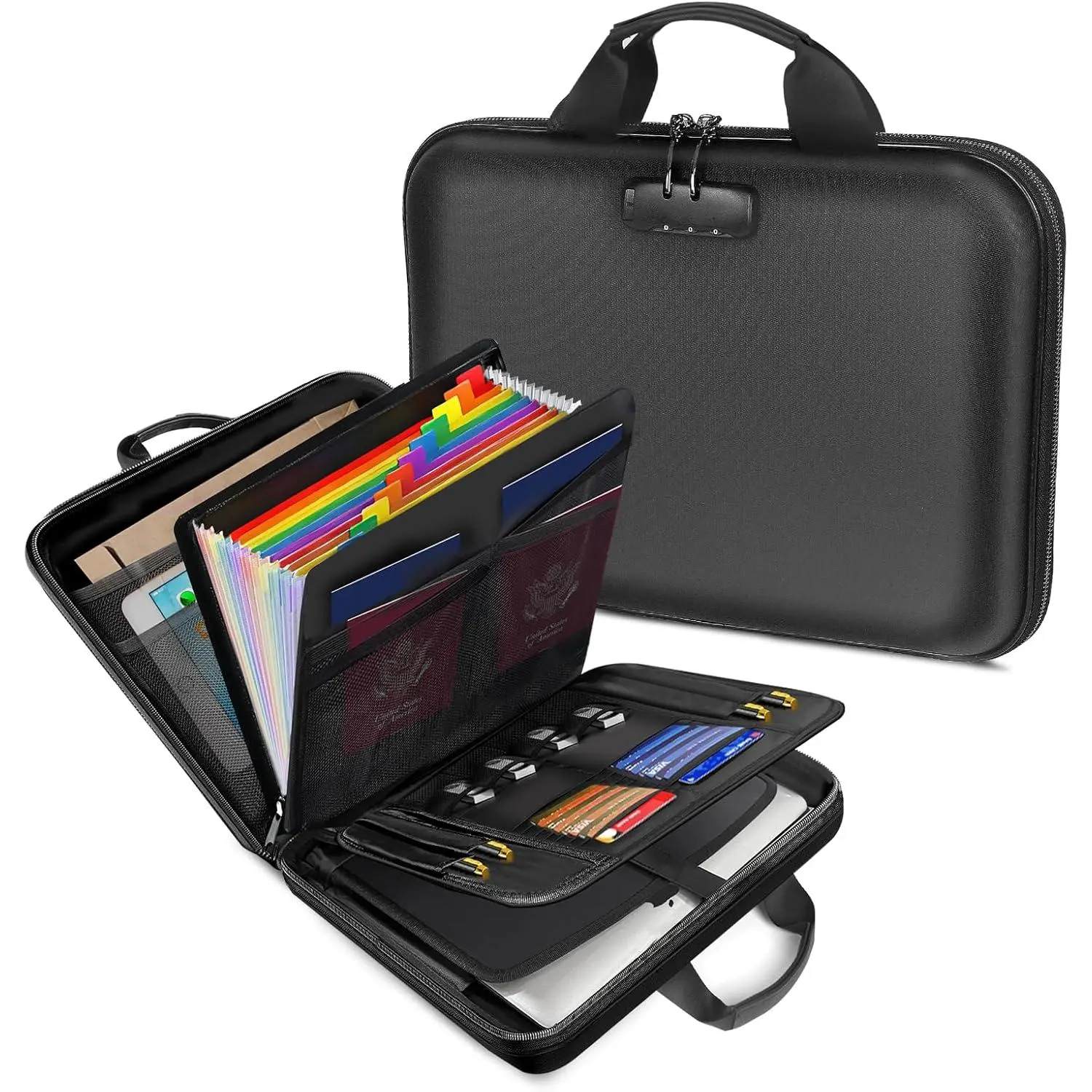 Fireproof Document Safety Box with Combination Lock & Water-Proof Hard Shell, 13-Pocket Accordion File Folder, Portable Organizer for Business, Campus Important Documents & Laptop Storage