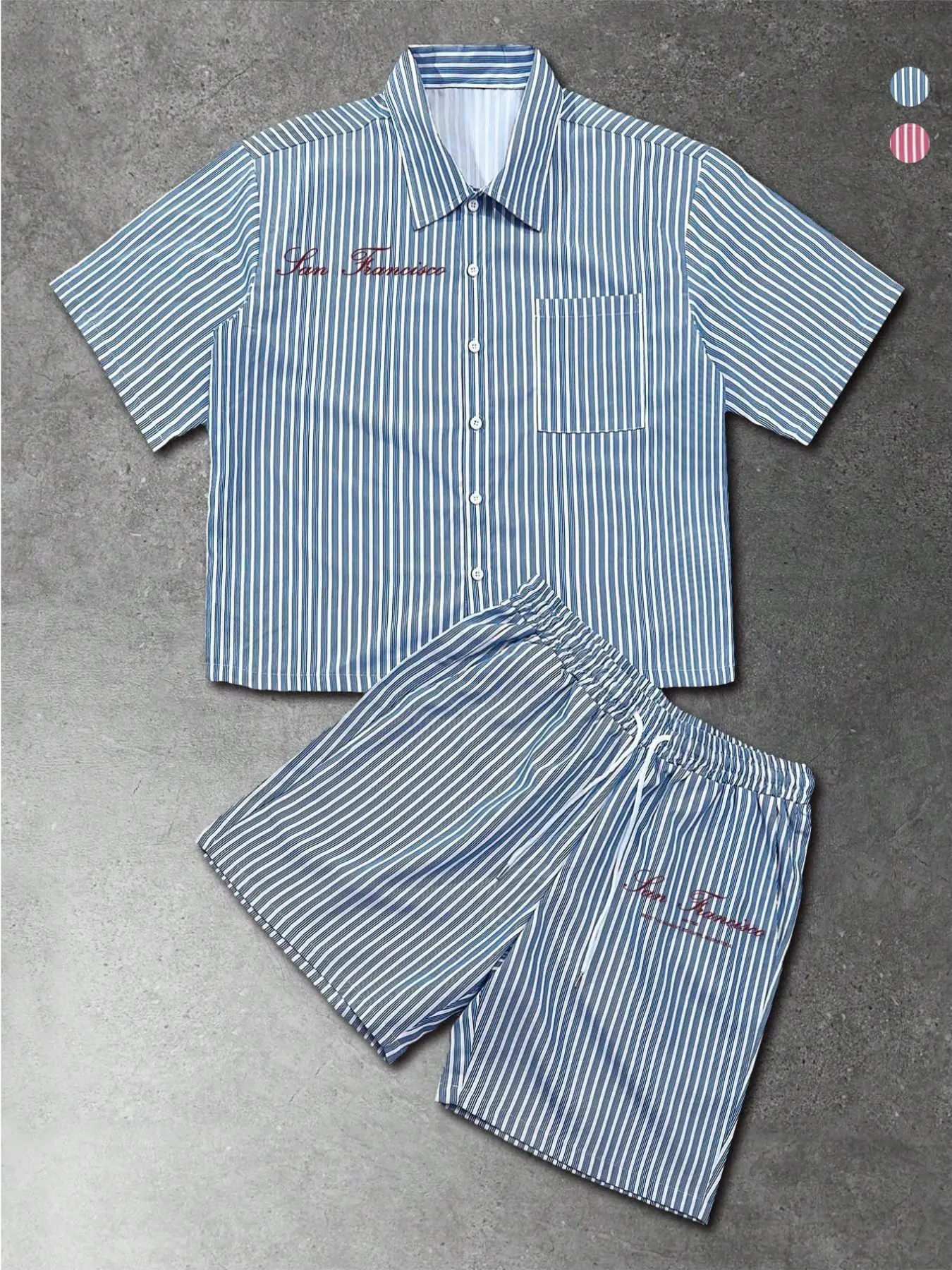 Vintage City Name Embroidered Striped Pajama Set, Lightweight Breathable Collar Short Sleeve Top, Wide Leg Shorts, Couple Home Two-Piece Set