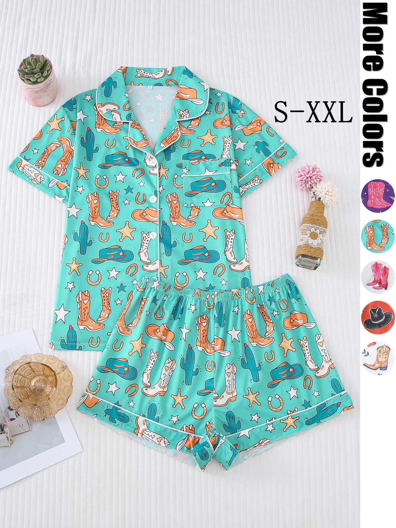 Women's All Over Cowboy Print Lapel Neck Button Front Pajama, Casual Comfy Short Sleeve Pocket Top & Elastic Waist Shorts PJ Set, Ladies Sleepwear Loungewear for All Seasons