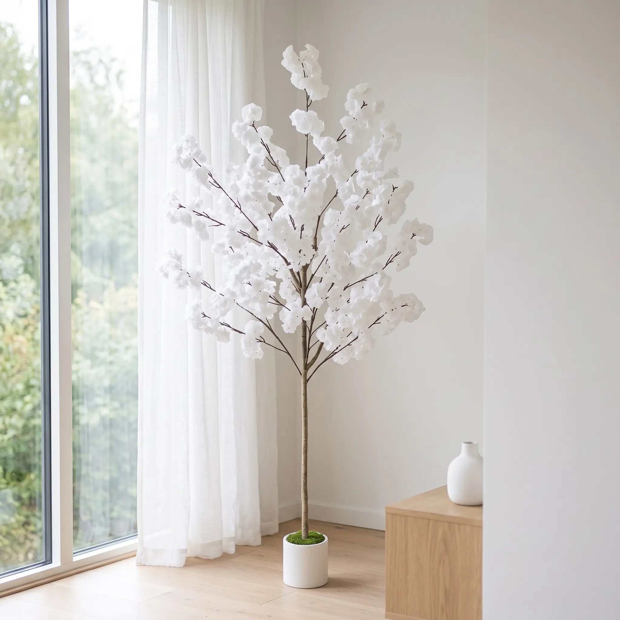 4.2FT/5.9FT (130/180cm) White Artificial Cherry Blossom Tree with Pot, Artificial Trees, Realistic Modern Style, Large Floor Standing Faux Flowering Tree UV Resistant Easy Care for Indoor Outdoor Home Office Wedding Holiday