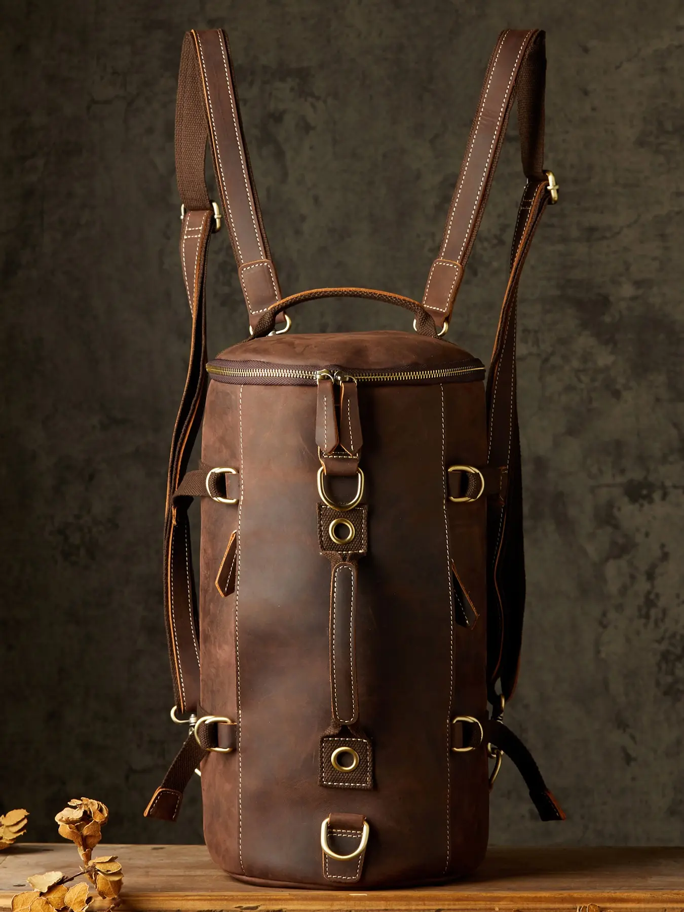 Handmade Crazy Horse Leather Backpack, Men's Vintage Full Grain Cowhide Travel Bag, Large Capacity Motorcycle Backpack, Traveler Essentials Backpack, Casual Travel Backpack