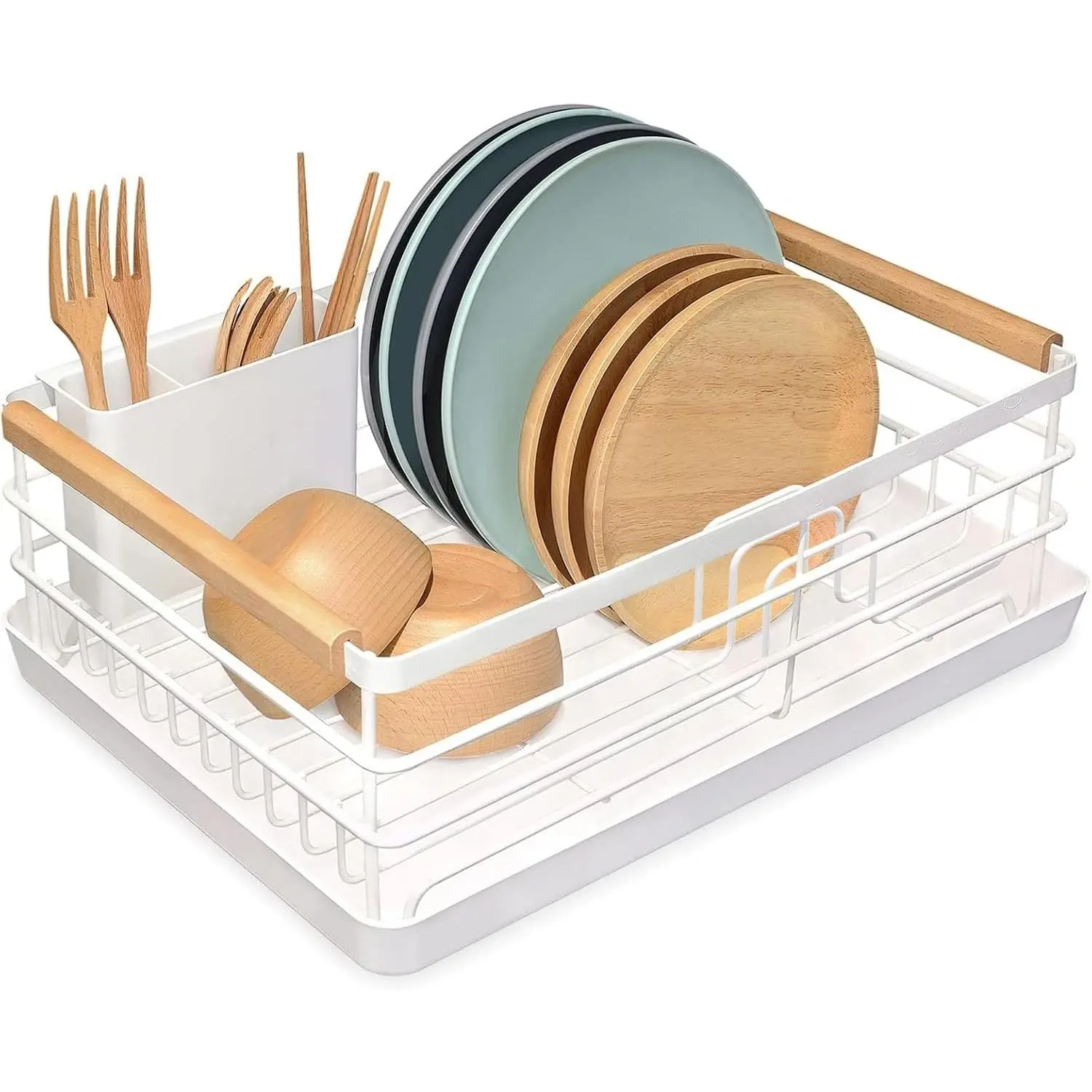 Dish Drying Rack, Dish Racks for Kitchen Counter, Stainless Steel Dish Drainer with Removable Cutlery Holder & Drainboard, White