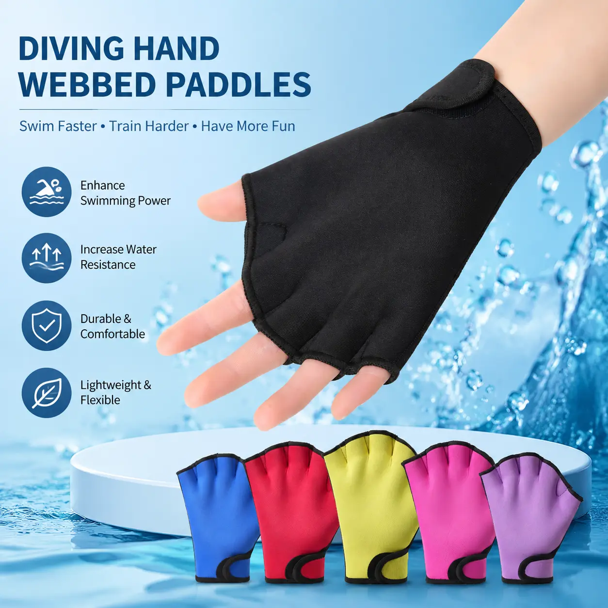 Adult Adjustable Natural Rubber Webbed Swimming Gloves - Ergonomic Duck-Paw Grip, Pool Training Propulsion, Technique Improvement