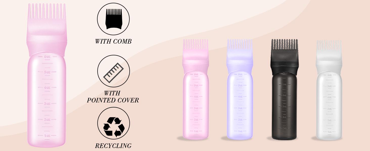 Eenty 2 Pack Root Comb Applicator Bottle, 6 Ounce Oil Applicator for Hair Dye, Hair Oiling Applicator Hair Coloring Brush Bottle with Graduated Scale