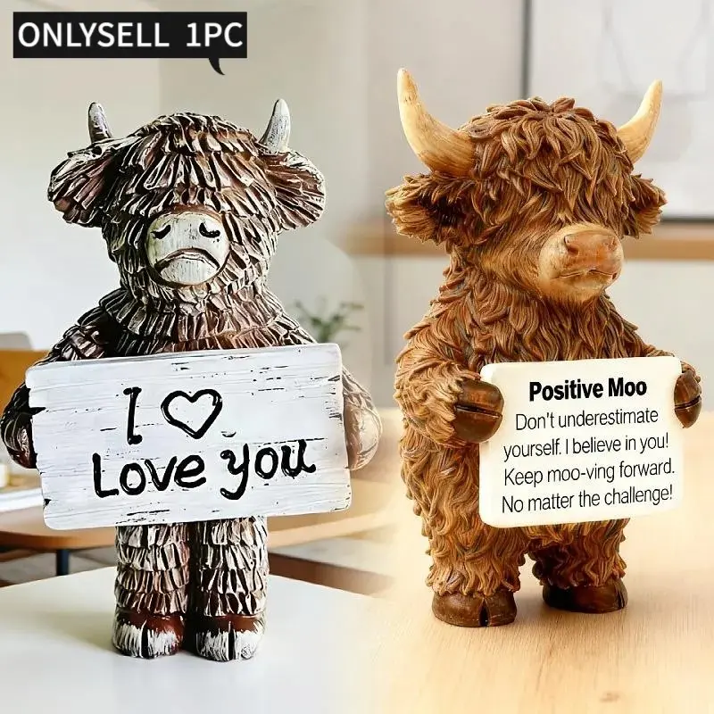Popular Farmhouse Highland Cow Decor Cow Ornaments I Love You Resin Figurine Cow Statues for Home Bedroom Ornament