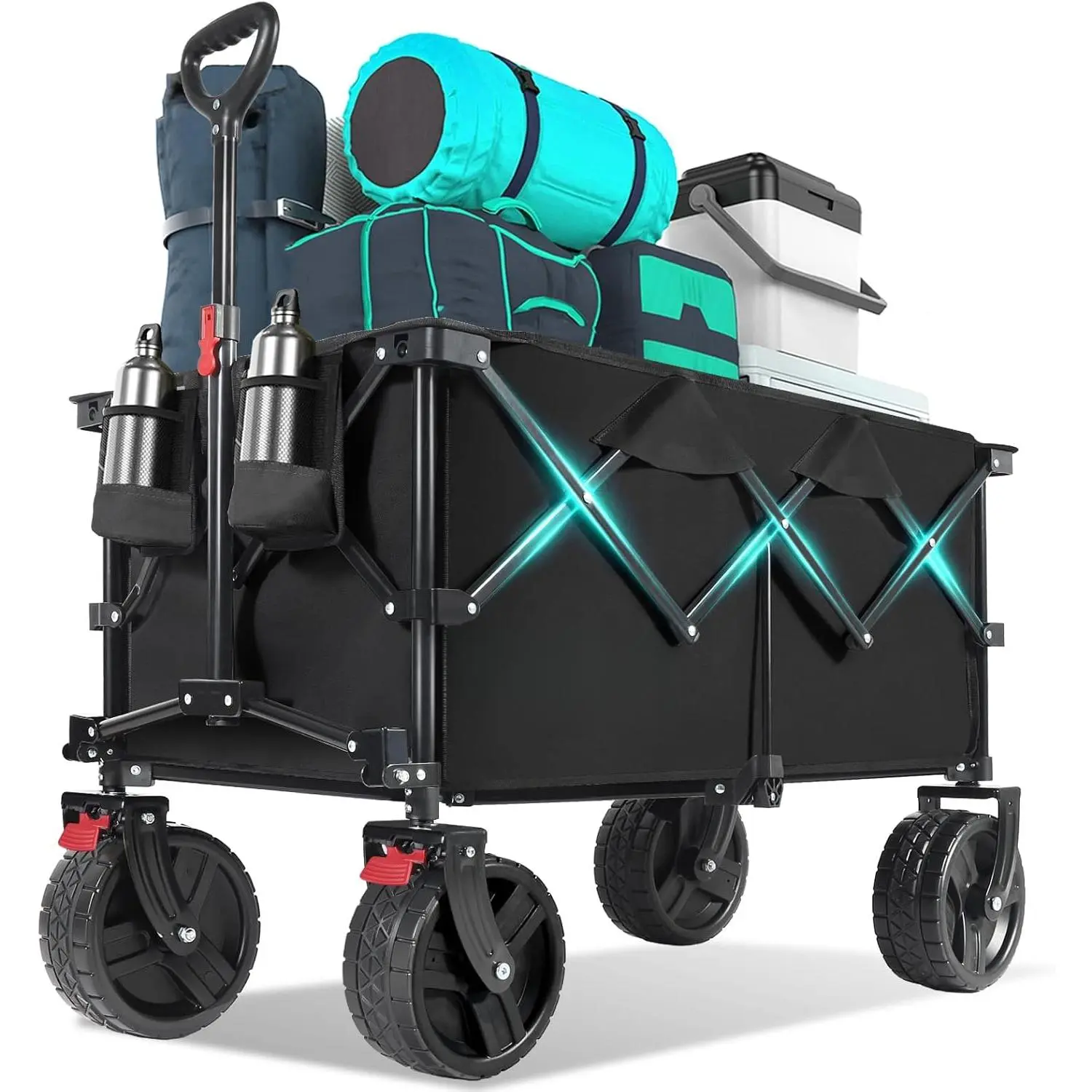 220L Wagons Carts Foldable with Big All-Terrian Beach Wheels, Collapsible Heavy DutyWagon with Cup Holders, Extra Large Folding Wagon,Foldable Wagon for Camping, Garden, Sports.Black