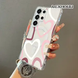Mauve Gradient Hollow Heart Outline Print Magnetic Silicone Phone Case for Samsung S26 Ultra, S25, S24, S23, S22 - Aesthetic, Shockproof, Lightweight, Scratch-Resistant, Girly Mobile Phone Accessories, Resistance
