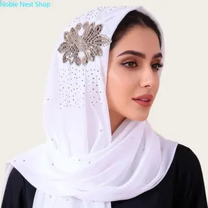 White Elegant Chiffon Hijab Muslim Women, Soft Breathable Headscarf With Luxury Gold Flower Rhinestone Brooch, Modest Shawl for Eid Holiday & Bridal Wedding Outfits