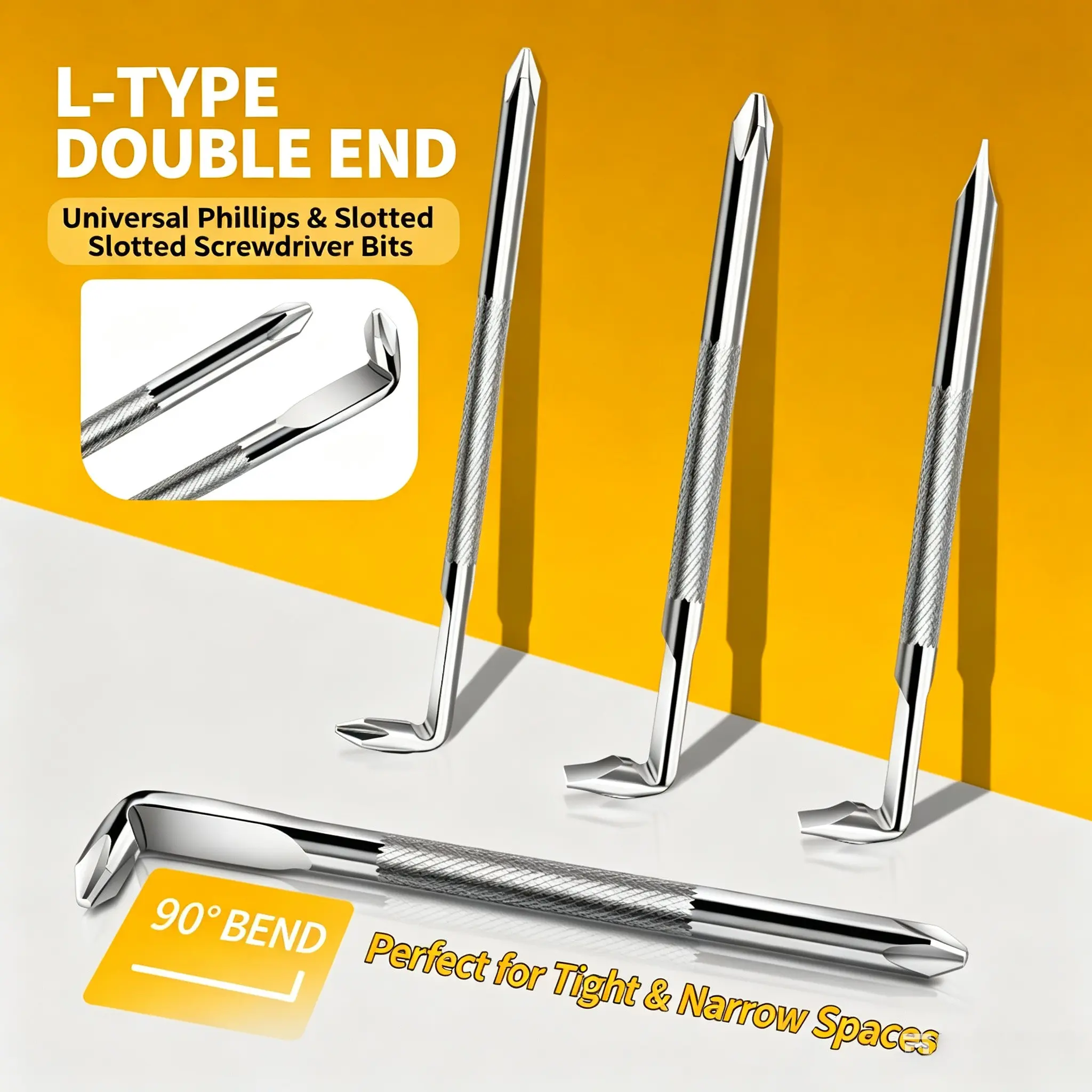 4PCS Offset L Screwdriver, 90 Degree Right Angle Double End Phillips & Slotted Screwdriver Bits for Tight Hard-to-Reach Areas