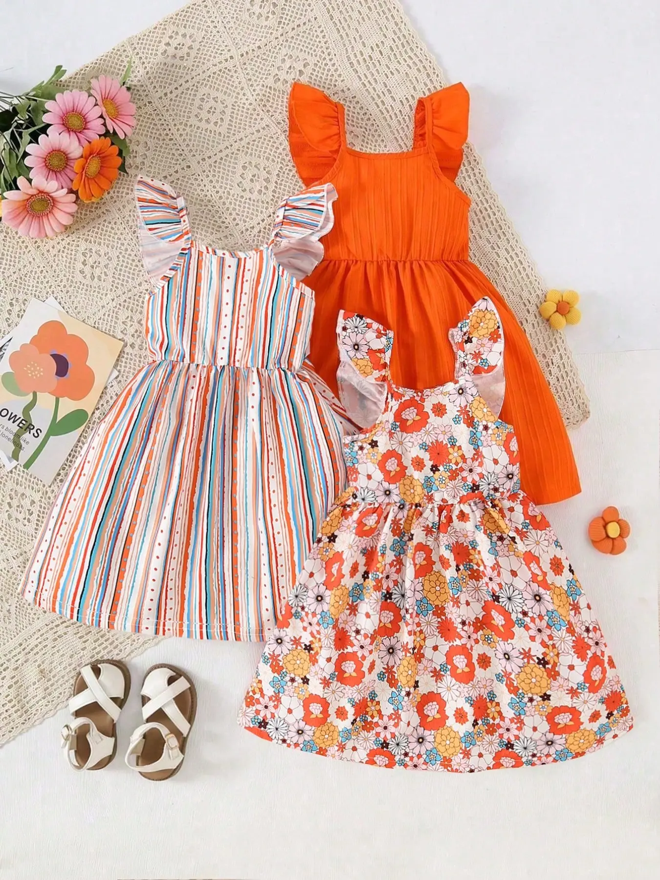 3-Piece Set Girls' Floral Pattern Striped Print Solid Color Ruffle Sleeve Square Neck Printed Dress, Summer Casual Beach Wear, Toddler Summer Dresses