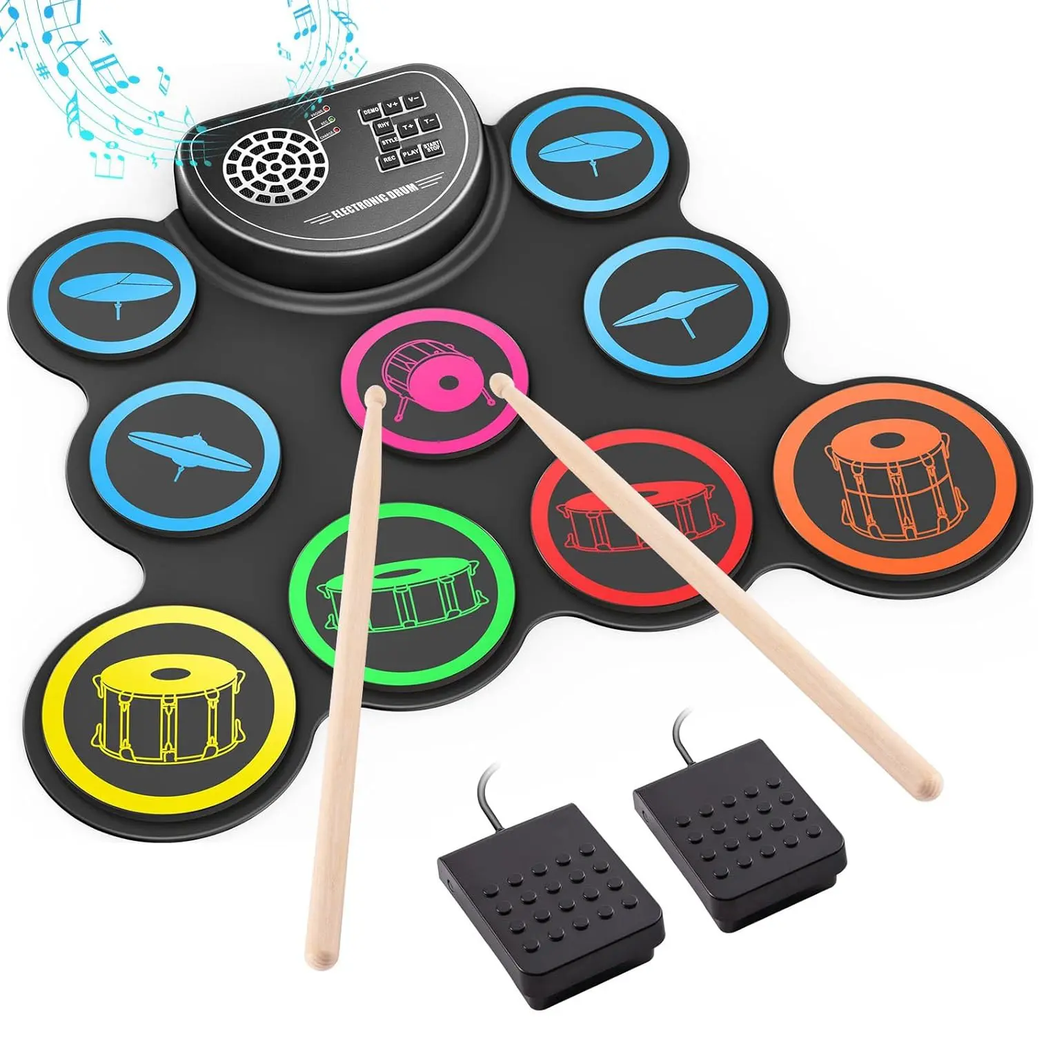 Electronic Percussion Musical Instruments Drum Set, 9-Drum Practice Pad with Headphone Jack, Roll-up Drum Kit Machine with Speaker Drum Pedals, Great Christmas for Kids