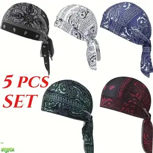 5-Pack Pre-Tied Paisley Durag Headwrap Set for Adults, Breathable Quick-Dry Moisture-Wicking Sports Skull Cap, Adjustable Tie-Back Unisex Headwear, Multi-Use Helmet Liner Neck Scarf for Motorcycle Biking Daily Wear