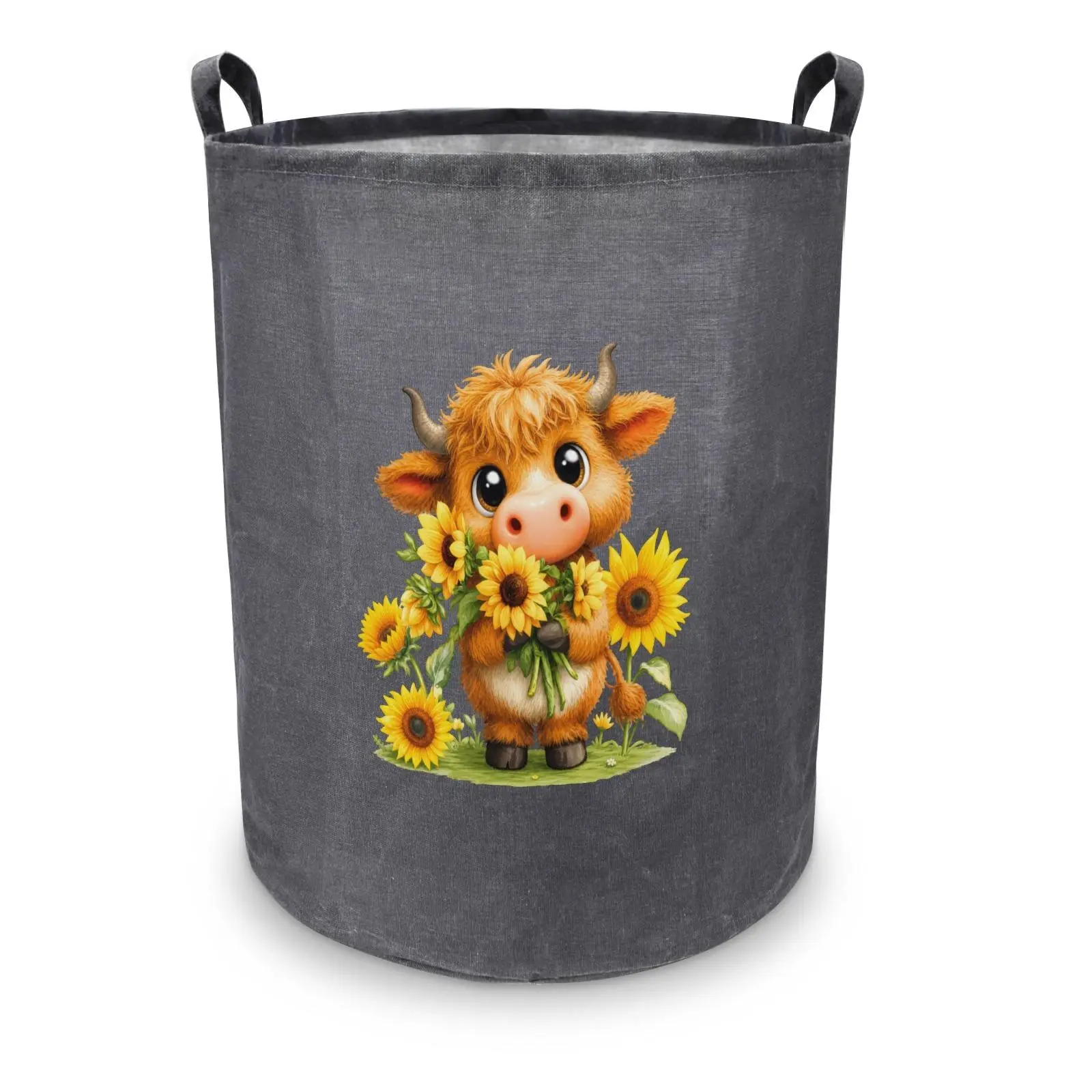 Laundry Basket Lovely Cartoon Highland Cow with Sunflowers Print Foldable Laundry Hamper, 63L Waterproof Multi-Use Storage Bin for Car,Home Bathroom, Farm Game Room & Pet Corner, Car Organizer & Beach Gear Tote for Summer Outdoor Travel & Holiday Party