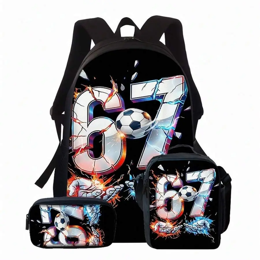 1pcs/3pcs Cartoon Number 67 Backpack Set Contains Large Capacity Leisure Travel Backpack Number 67 Cute Handbags With Zipper And Adjustable Shoulder Strap Fashion Printed Schoolbag, 17in Bookpack