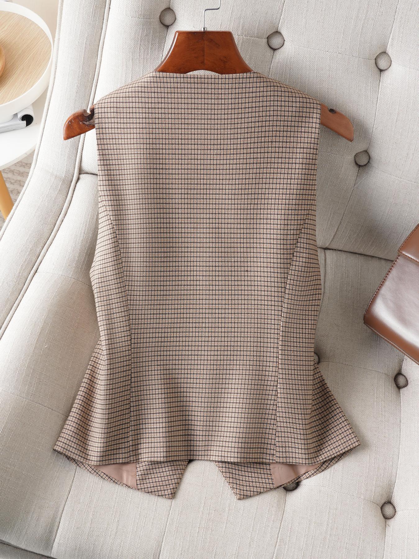 Women's Plaid Print Button Front Vest Blazer, Casual V Neck Sleeveless Waistcoat for Work Office Business, Ladies Spring & Fall Clothes, Formal Wear