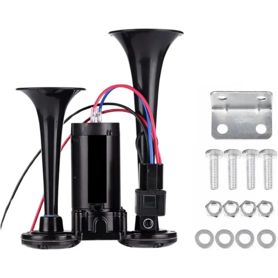 12V 600DB Car Air Horn, Super Loud Air Horn  Truck, Dual Electric Air Horns Kit  Vehicles- With Compressor, Applicable  Cars, SUVs, Motorcycles, Tractors (Black)