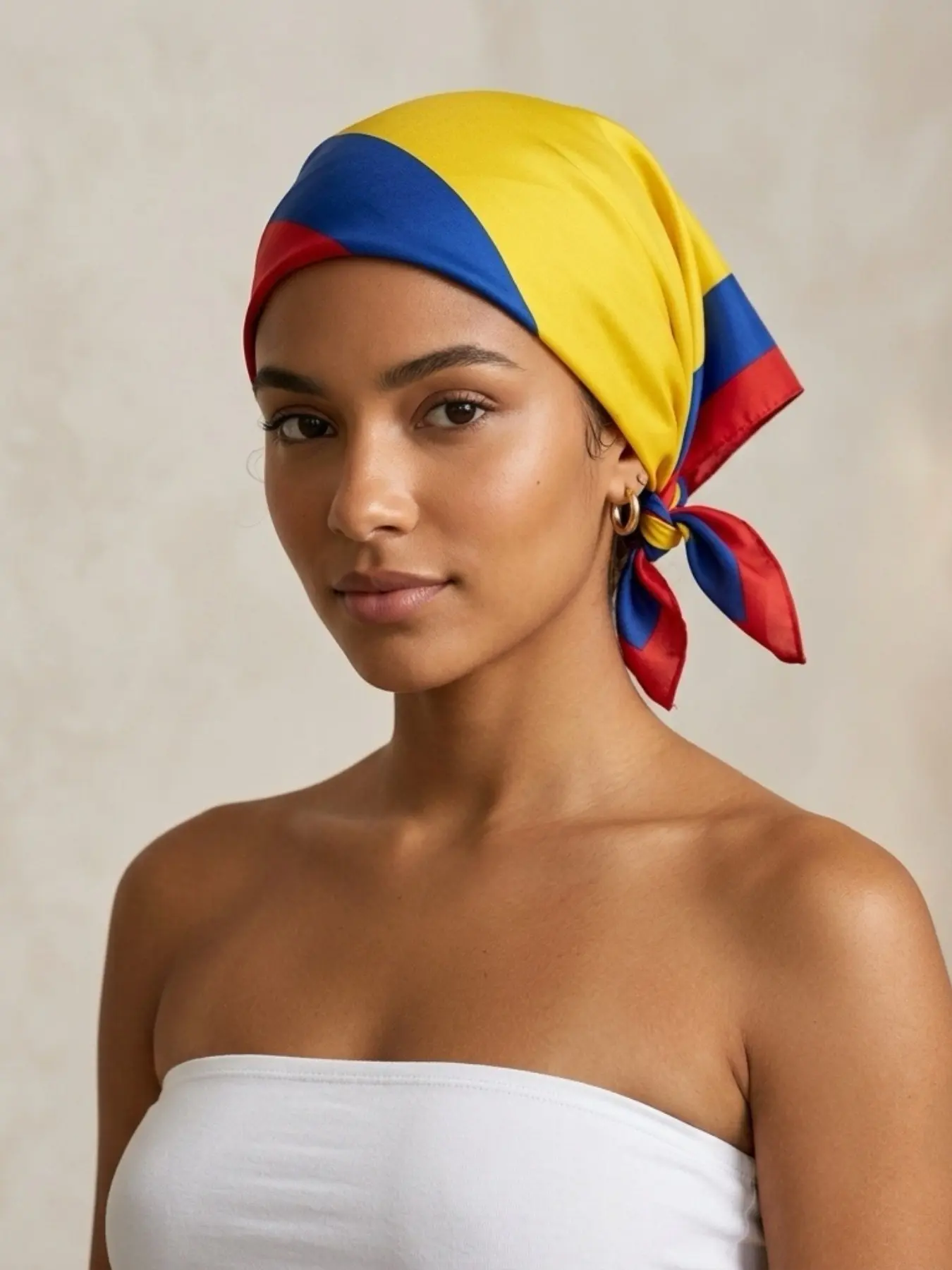 A versatile Decorative Scarf for hair, neck, and purse, scarves for women and man, bandana – Colombian flag tricolor in bold yellow, blue & red, soft fabric, perfect for Independence Day and patriotic celebrations, Fashion Hair Scarves