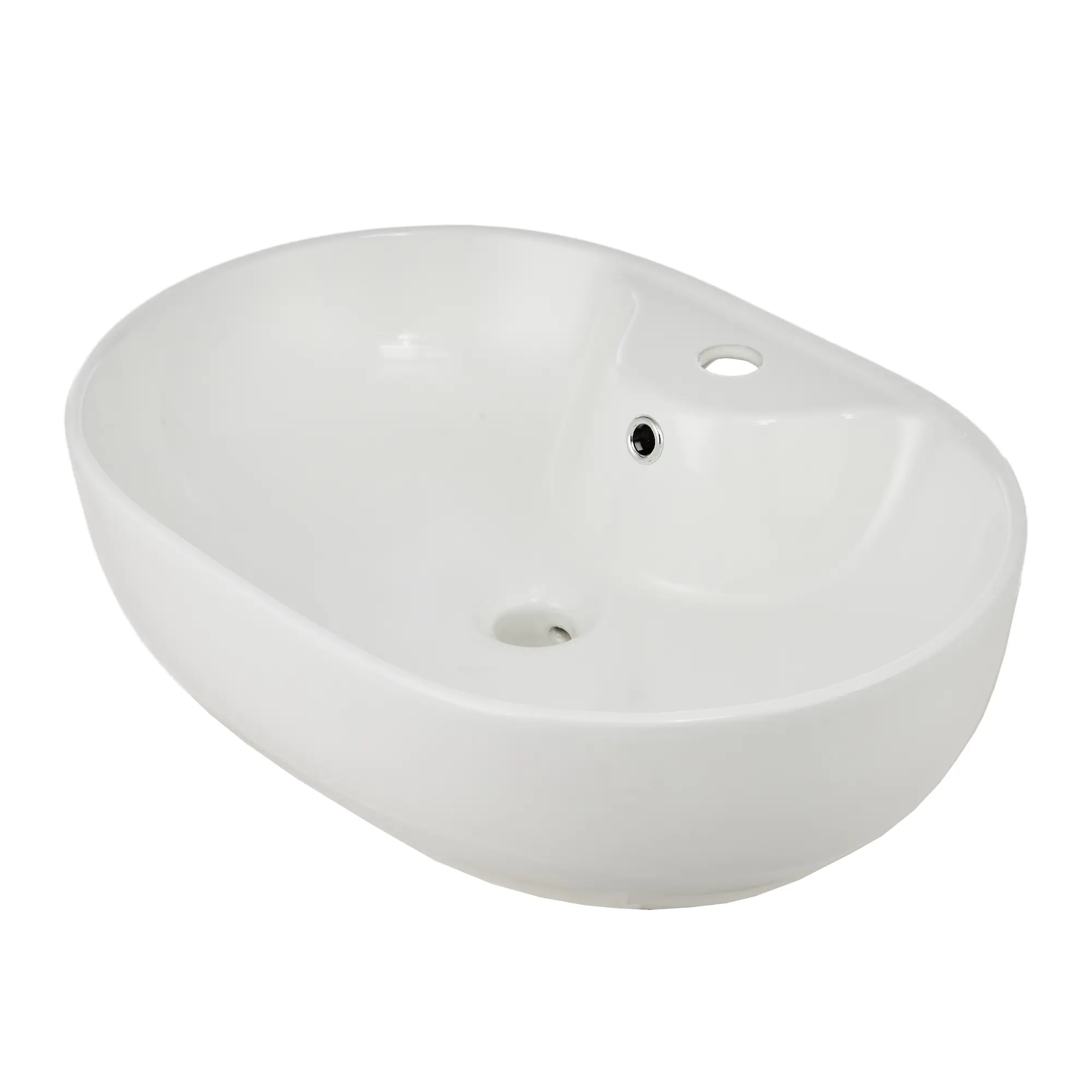 Thin-Edge Oval Ceramic Vessel basin, Glossy White Above-Counter Bathroom Basin - With Overflow - No Faucet Hole - Easy-Clean Blemish-Resistant finish - Fast-Drain Deep Bowl