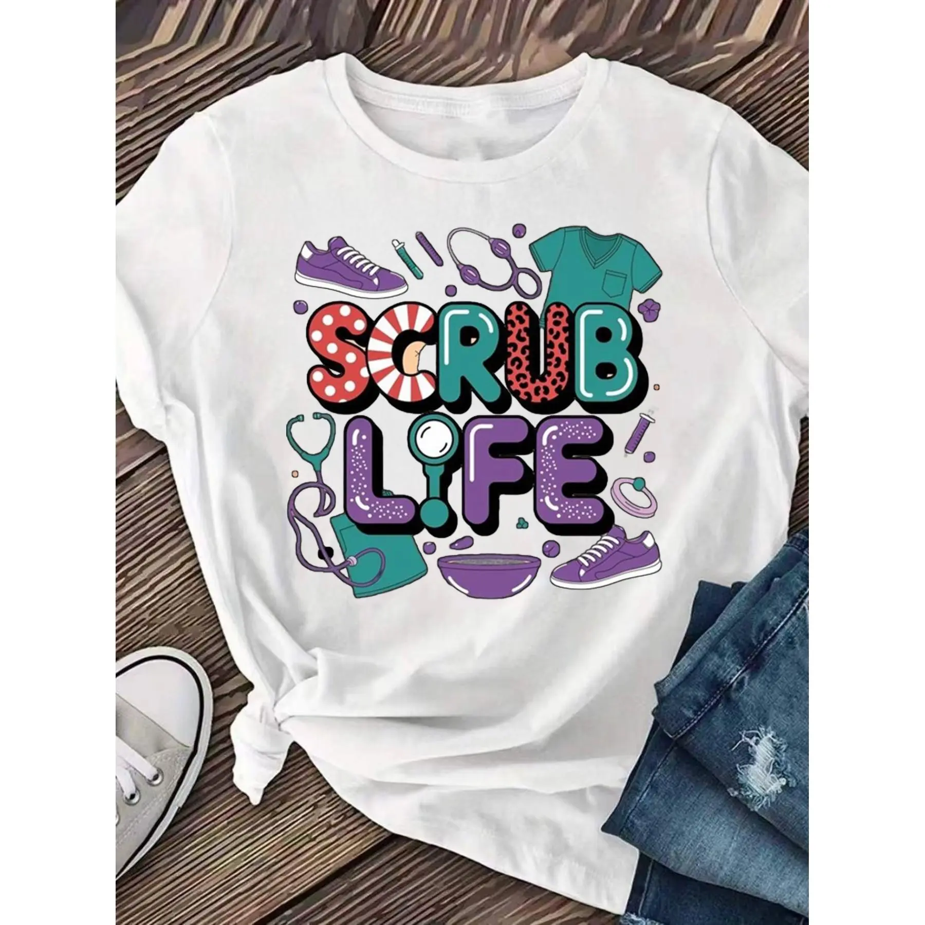 Scrub Life Women's Short Sleeve Nursing Scrubs Top - Symbols & Themed Motifs, Comfort Fit Round Neck -Compatible Shirt Suitable for Healthcare Professionals, Machine Washable Workwear for Clinic, Hospital, Nursing Uniforms