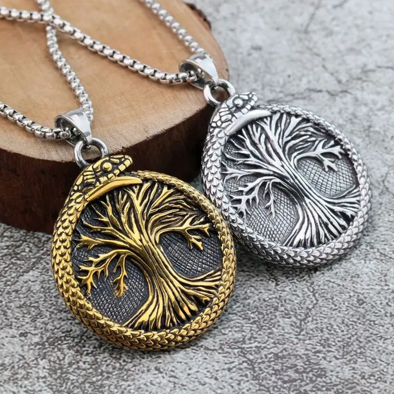Vintage Stainless Steel Tree of Life Pendant Necklace for Men, Double-Sided Amulet Shape Jewelry with Retro Look, All Seasons Daily Streetwear Gift