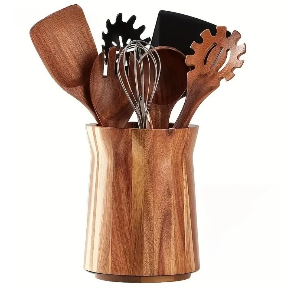 Wooden 360-Degree Rotating Utensil Holder Trapezoidal Smooth Surface Cutlery Storage Box Farmhouse Style Chopstick Cage Ladles