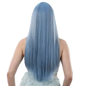 Mermaid Blue Long Straight Wig Air Bangs Cosplay Full Head 26in