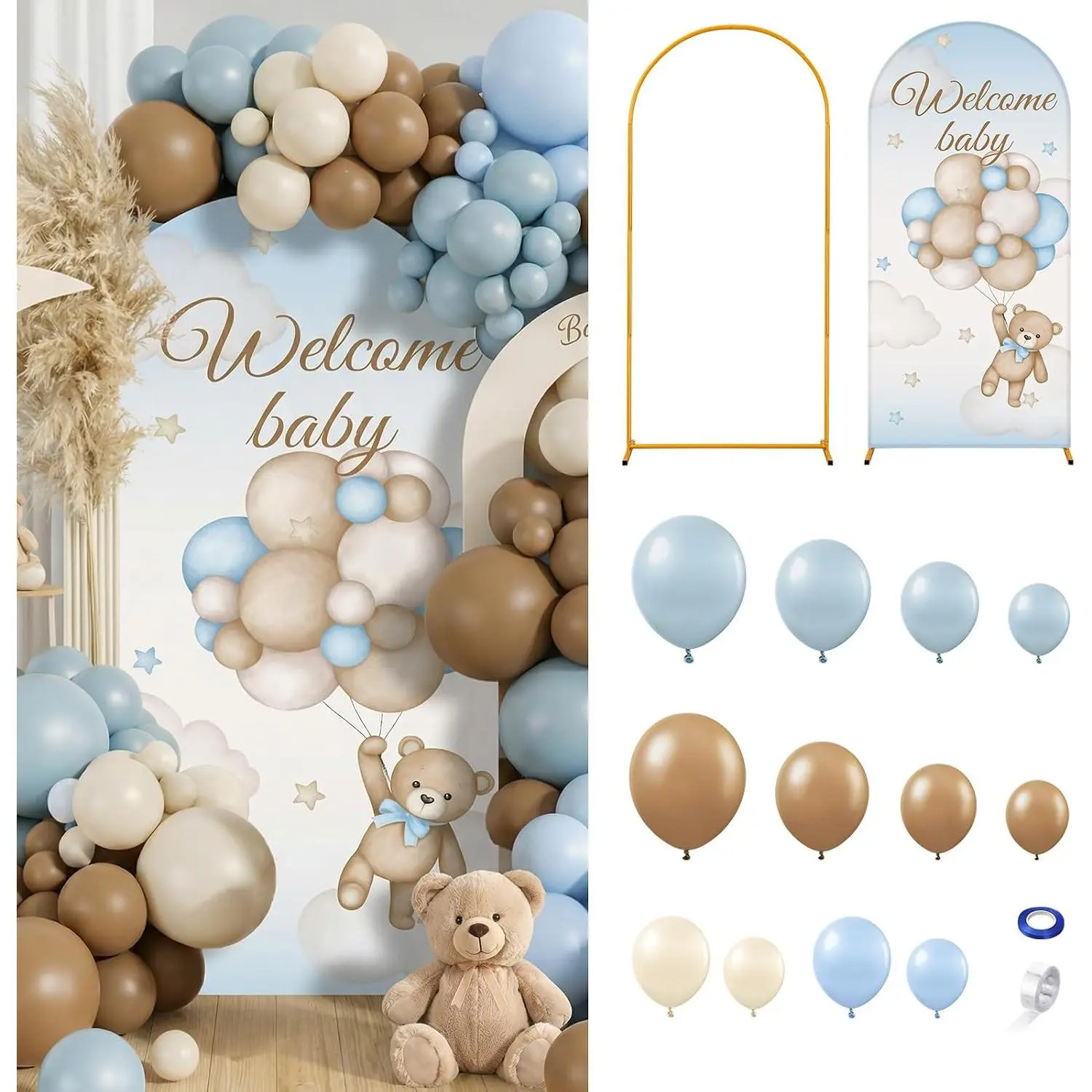 148 count   Shower Decorations Balloon Metal Arch Backdrop Stand and Cover Set Decor Dusty Blue and Brown Balloon Arch Kits   Shower  Birthday Party Decorations